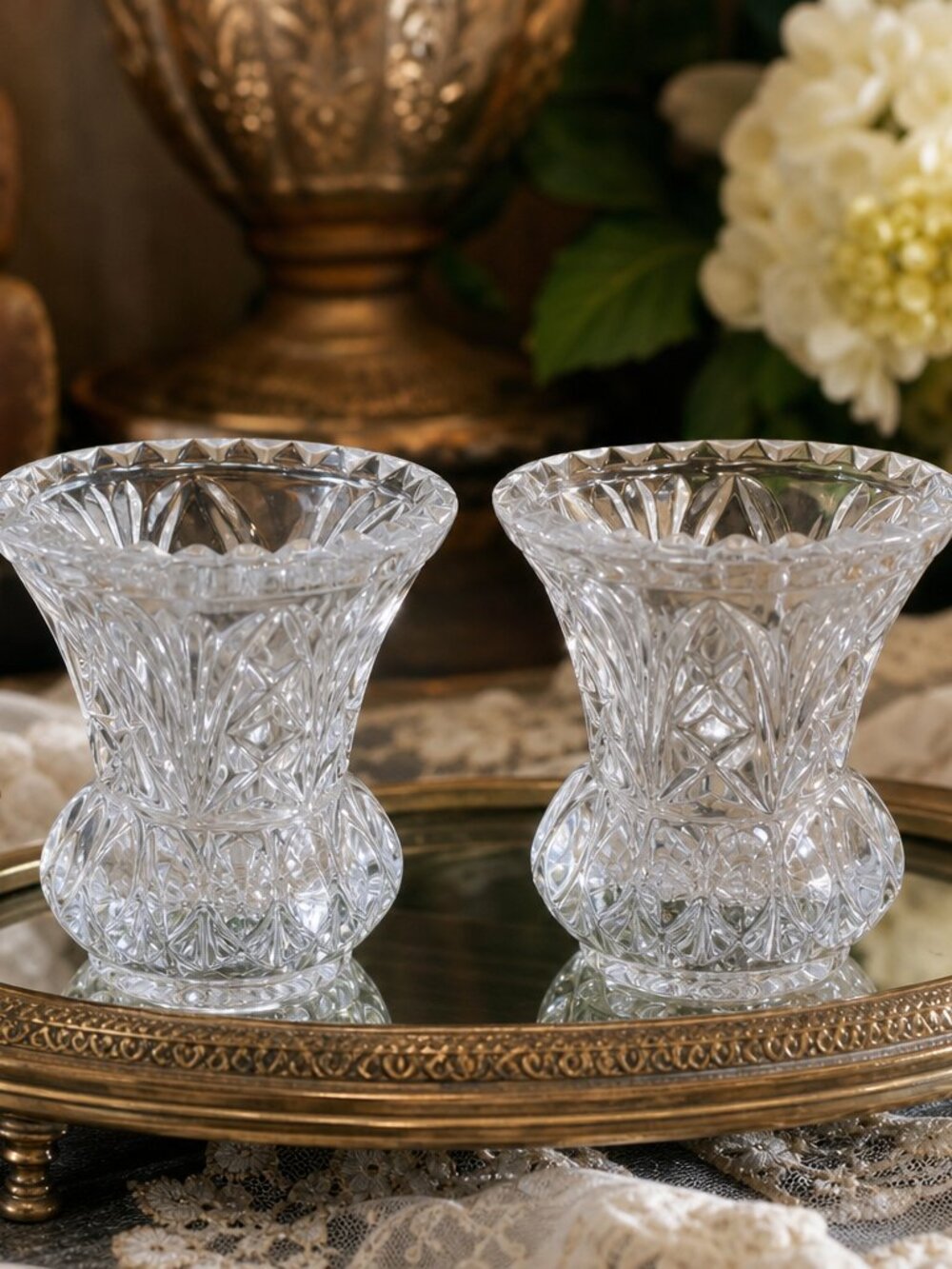 Vintage Cut Glass Toothpick/ Bud Holders With Fan And Vesica Patterns In EUC